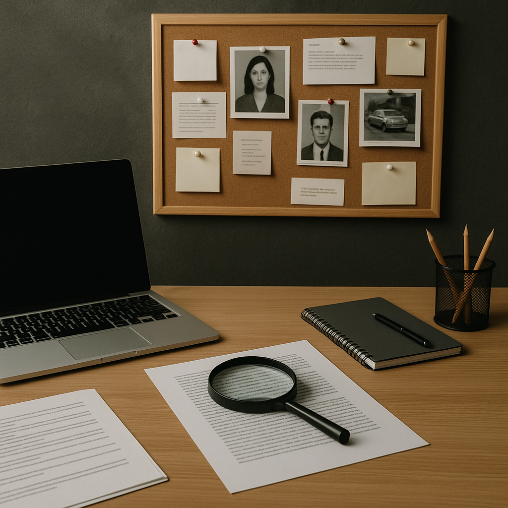 탐정 사무실 분위기의 책상 위에 돋보기, 서류, 노트북, 수첩, 연필 등이 정돈되어 놓여 있고, 뒤쪽에는 인물 사진과 메모가 붙은 코르크 보드가 걸린 조사 공간 이미지