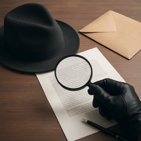 확대경과 서류, 모자가 놓인 책상 위를 클로즈업한 탐정 업무 분위기의 실제 사진