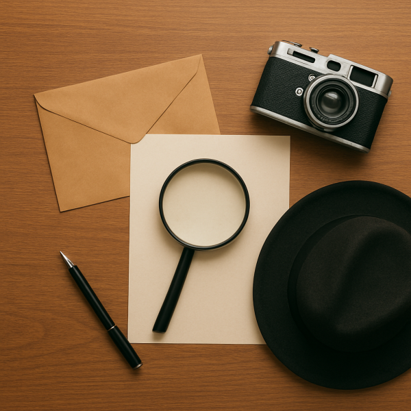 빈 종이와 봉투, 확대경, 빈티지 카메라와 모자가 나무 테이블 위에 배치된 탐정 조사 콘셉트의 실제 사진