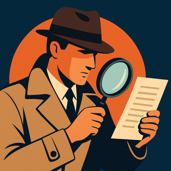 트렌치코트와 중절모를 착용한 탐정이 확대경으로 문서를 살펴보는 장면을 표현한 현대적 일러스트 이미지