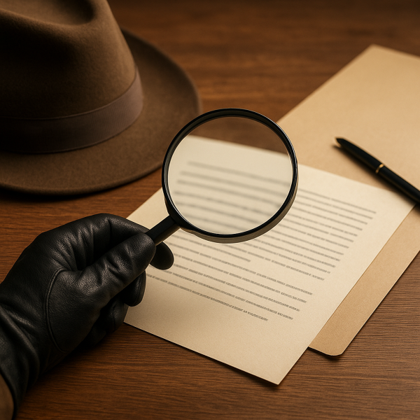 검은 장갑을 낀 손이 확대경으로 문서를 조사하고 있으며, 옆에는 중절모와 서류봉투, 펜이 놓여 있는 탐정 분위기의 실제 사진