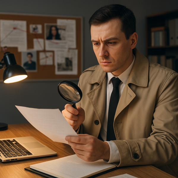 책상 위에서 서류를 돋보기로 살펴보는 남성 사설탐정의 모습. 코트와 넥타이를 착용한 탐정이 노트북과 서류가 놓인 사무실에서 집중하여 조사하는 장면.